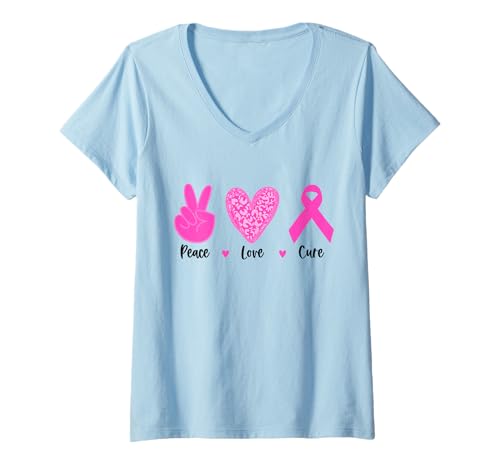 Damen Peace Love Cure | Breast Cancer T-Shirt mit V-Ausschnitt Damen Peace Love Cure | Breast Cancer T-Shirt mit V-Ausschnitt von Pink Breast Cancer Awareness Month Gifts