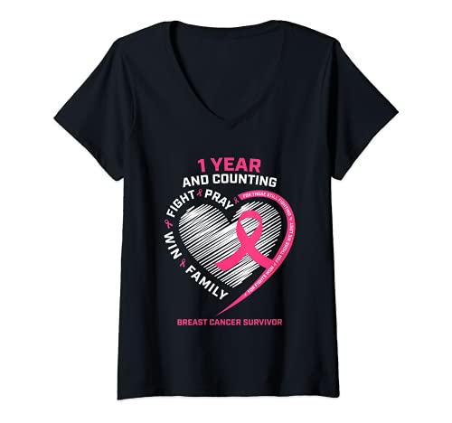 Damen 1 Jahr krebsfrei rosa Brustkrebs Überlebenden Geschenke Frauen T-Shirt mit V-Ausschnitt Damen 1 Jahr krebsfrei rosa Brustkrebs Überlebenden Geschenke Frauen T-Shirt mit V-Ausschnitt von Pink Breast Cancer Survivor Gifts & Awareness