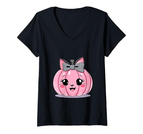 Damen Pink Cat Pumpkin Shirt Cute Halloween Bow Kitty Fall Oktober T-Shirt mit V-Ausschnitt von Pink Cat Pumpkin Tee Shirts for Girls Women