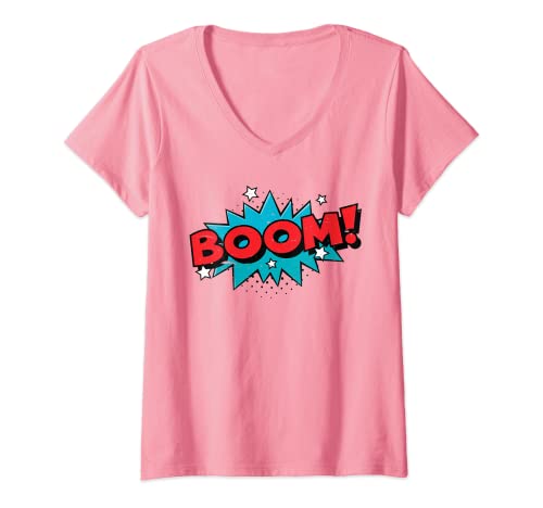 Damen BOOM - Comic Book Cartoon Funny Pop Art Design - Vintage T-Shirt mit V-Ausschnitt von Pink Comics & Superhero Stuff
