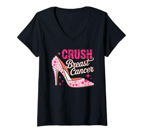Damen Crush Brustkrebs Pink High Heels Krebs Bewusstsein Krieger T-Shirt mit V-Ausschnitt von Pink Crush Breast Cancer Awareness Month Fighters
