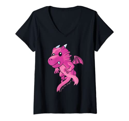 Damen Pinkes Drachen-Shirt für Brustkrebs-Bewusstseinsheit, niedliches Design T-Shirt mit V-Ausschnitt von Pink Dragon Breast Cancer Shirts