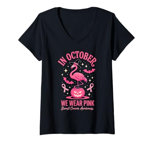 Damen Im Oktober tragen wir rosa Flamingo Halloween T-Shirt mit V-Ausschnitt Damen Im Oktober tragen wir rosa Flamingo Halloween T-Shirt mit V-Ausschnitt von Pink Flamingo Breast Cancer Awareness