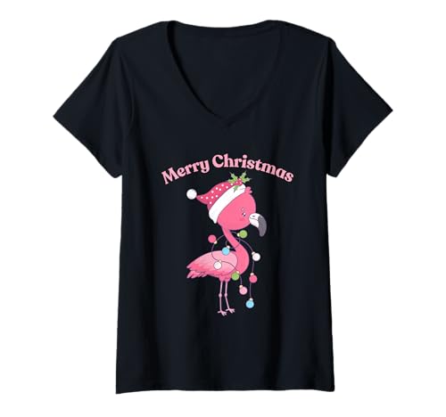 Damen Lustiger rosa Flamingo in Weihnachtsmütze T-Shirt mit V-Ausschnitt Damen Lustiger rosa Flamingo in Weihnachtsmütze T-Shirt mit V-Ausschnitt von Pink Flamingo Pajamas Holiday
