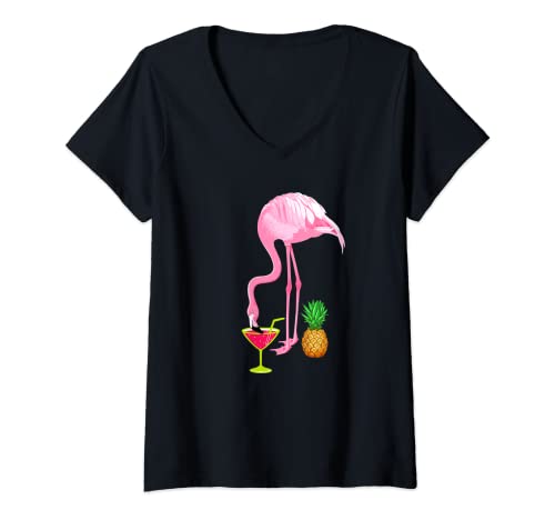 Damen Flamingo Trinkendes Kaltgetränk - Lustiger rosa Flamingo T-Shirt mit V-Ausschnitt von Pink Flamingo Shirts By HustlaGirl