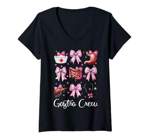Damen Gastro Crew Gastroenterologie Krankenschwester Endoskopie Krankenschwester GI Krankenschwester T-Shirt mit V-Ausschnitt von Pink GI Nurse Endoscopy Colonoscopy Coquette Gifts