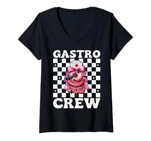 Damen Gastro Crew Gastroenterologie Krankenschwester Endoskopie Krankenschwester GI Krankenschwester T-Shirt mit V-Ausschnitt von Pink GI Nurse Endoscopy Colonoscopy Coquette Gifts