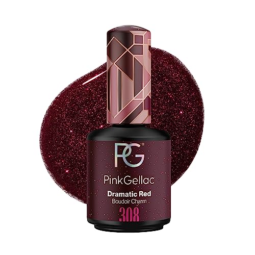 Pink Gellac UV Gel Nagellack - 308 Dramatic Red 15 ml - Glitzer Gel Lack Rot - Lang Anhaltender Gellack UV - Einfache Entfernung Shellac Nagellack - Nail Gel Polish - UV Nagellack Made in Holland von Pink Gellac