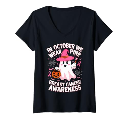 Damen Im Oktober tragen wir Pink Ghost Breast Cancer Awareness T-Shirt mit V-Ausschnitt Damen Im Oktober tragen wir Pink Ghost Breast Cancer Awareness T-Shirt mit V-Ausschnitt von Pink Ghost Breast Cancer Support Halloween