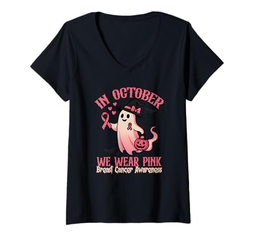 Damen Brustkrebs im Oktober tragen wir rosa Geisterhexe Halloween T-Shirt mit V-Ausschnitt Damen Brustkrebs im Oktober tragen wir rosa Geisterhexe Halloween T-Shirt mit V-Ausschnitt von Pink Ghost Breast Cancer for October Wear