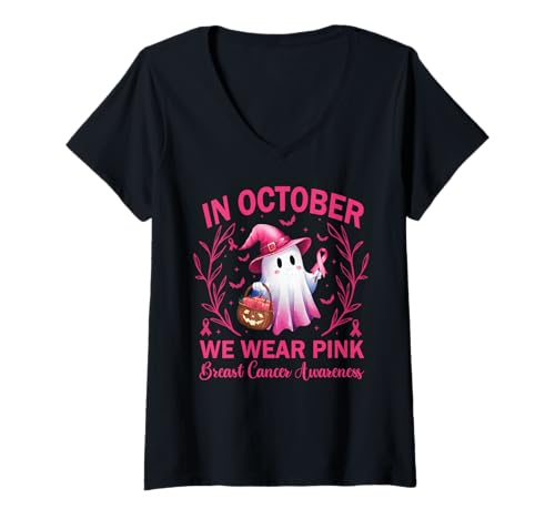 Damen In October We Wear Pink Breast Cancer Women Halloween T-Shirt mit V-Ausschnitt Damen In October We Wear Pink Breast Cancer Women Halloween T-Shirt mit V-Ausschnitt von Pink Ghost Halloween Breast Cancer Awareness