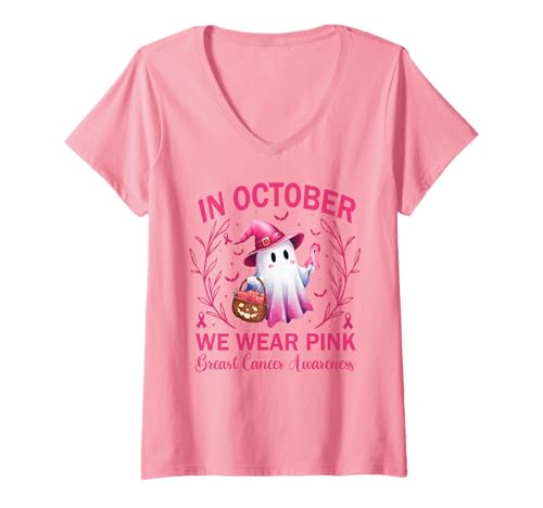Damen In October We Wear Pink Breast Cancer Women Halloween T-Shirt mit V-Ausschnitt Damen In October We Wear Pink Breast Cancer Women Halloween T-Shirt mit V-Ausschnitt von Pink Ghost Halloween Breast Cancer Awareness
