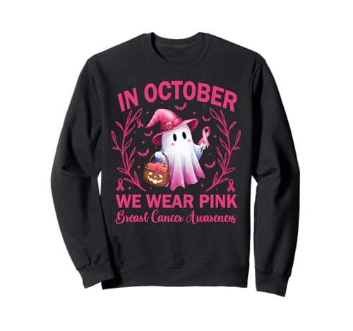 In October We Wear Pink Breast Cancer Women Halloween Sweatshirt In October We Wear Pink Breast Cancer Women Halloween Sweatshirt von Pink Ghost Halloween Breast Cancer Awareness