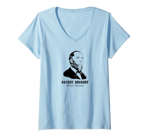 Damen Hanson Gregory Massachusetts Donut Erfinder T-Shirt mit V-Ausschnitt Damen Hanson Gregory Massachusetts Donut Erfinder T-Shirt mit V-Ausschnitt von Pink Glazed Chocolate Doughnut History