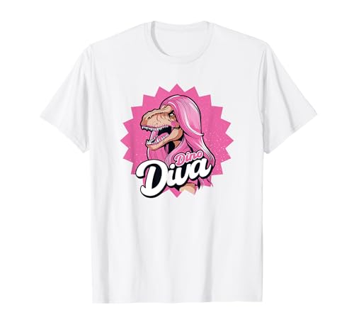 T-Rex Dame Fashion Mädchen Dinosaurier T-Shirt von Pink Hair Dinosaur Lady Diva