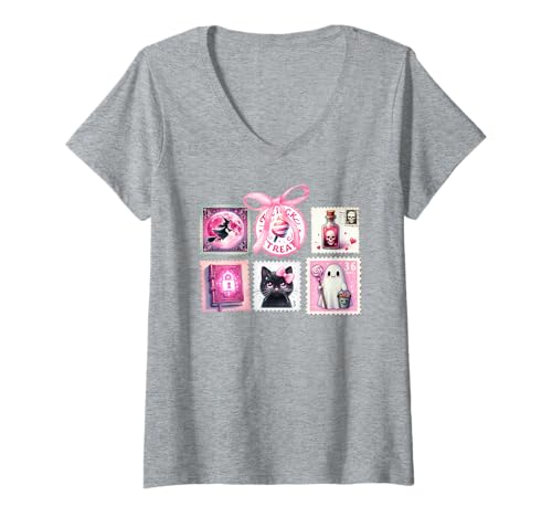 Damen Niedliche Girlie Katze Geist Schleife Halloween Porto Stempel Gitter T-Shirt mit V-Ausschnitt von Pink Halloween Girl Ghost Cat Witch Stamp Art Co.