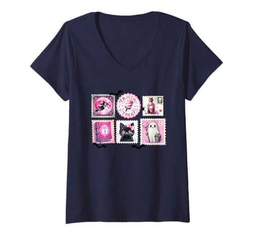 Damen Süße Girlie Katze Geist Halloween Porto Stempel Gitter T-Shirt mit V-Ausschnitt von Pink Halloween Girl Ghost Cat Witch Stamp Art Co.