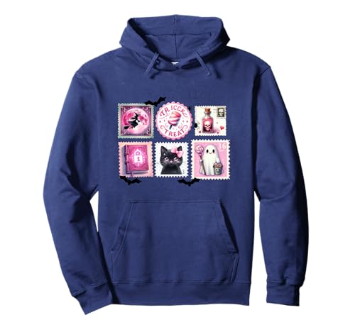 Süße Girlie Katze Geist Halloween Porto Stempel Gitter Pullover Hoodie von Pink Halloween Girl Ghost Cat Witch Stamp Art Co.