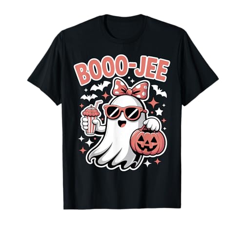 Rosa Halloween-Geisterbogen mit Kürbismotiv Boo Boo-JEE Bougie für Mädchen T-Shirt von Pink Halloween Shirts NYC