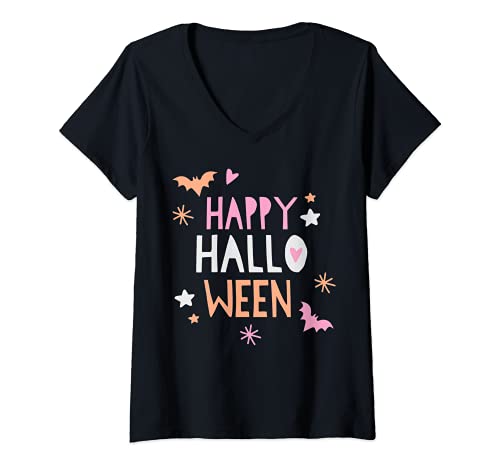 Damen Happy Halloween Doodles Herz Fledermaus rosa Mädchen Halloween Outfit T-Shirt mit V-Ausschnitt von Pink Halloween Tees NYC