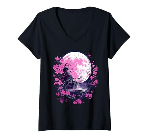 Damen japanese cherry blossom Kirschblüten und Mond Japan T-Shirt mit V-Ausschnitt Damen japanese cherry blossom Kirschblüten und Mond Japan T-Shirt mit V-Ausschnitt von Pink Japanische Kirschblüten Designs