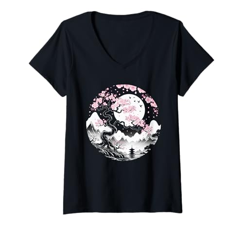 Damen sakura japanese cherry blossom Kirschblüten und Mond Japan T-Shirt mit V-Ausschnitt Damen sakura japanese cherry blossom Kirschblüten und Mond Japan T-Shirt mit V-Ausschnitt von Pink Japanische Kirschblüten Designs