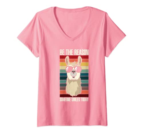 Damen Be The Reason Someone Smiles Today - Llama Lama T-Shirt mit V-Ausschnitt von Pink Llama Stuff