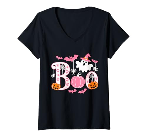 Damen Pink Boo Halloween Brustkrebsbewusstsein Oktober T-Shirt mit V-Ausschnitt Damen Pink Boo Halloween Brustkrebsbewusstsein Oktober T-Shirt mit V-Ausschnitt von Pink October Awareness Support