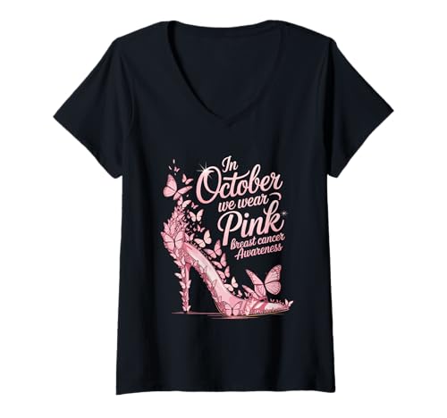 Damen Schmetterling High Heel Schuh Brustkrebs-Bewusstsein Oktober T-Shirt mit V-Ausschnitt von Pink October Butterfly Awareness Wear