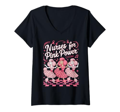 Damen Krankenschwestern Pink Power Pudel Brustkrebs Bewusstsein Ribbon Hop T-Shirt mit V-Ausschnitt Damen Krankenschwestern Pink Power Pudel Brustkrebs Bewusstsein Ribbon Hop T-Shirt mit V-Ausschnitt von Pink Power Poodle Squad