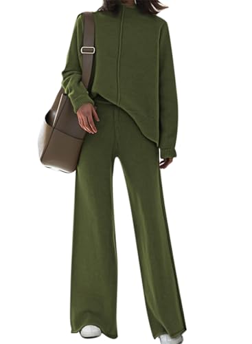 Pink Queen Damen 2-teiliges Stehkragen Pullover Lounge-Set Homewear Hose weitem Bein Trainingsanzug Outfits Dunkelgrün L von Pink Queen