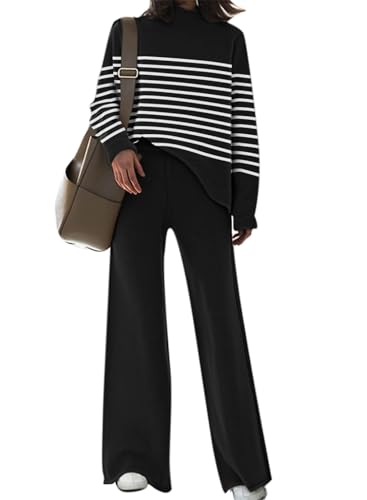 Pink Queen Damen 2-teiliges Stehkragen Pullover Lounge-Set Homewear Hose weitem Bein Trainingsanzug Outfits Weißer Streifen S von Pink Queen