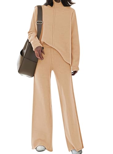 Pink Queen Damen 2-teiliges Stehkragen Pullover Lounge-Set Strickpullover Hose weitem Bein Trainingsanzug Outfits Aprikose S von Pink Queen