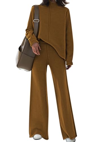 Pink Queen Damen 2-teiliges Stehkragen Pullover Lounge-Set Strickpullover Hose weitem Bein Trainingsanzug Outfits Braun M von Pink Queen