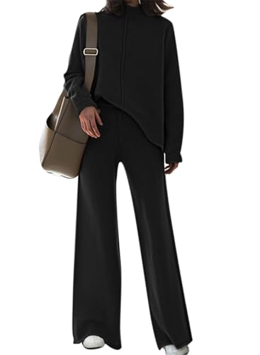 Pink Queen Damen 2-teiliges Stehkragen Pullover Lounge-Set Strickpullover Hose weitem Bein Trainingsanzug Outfits Schwarz S von Pink Queen