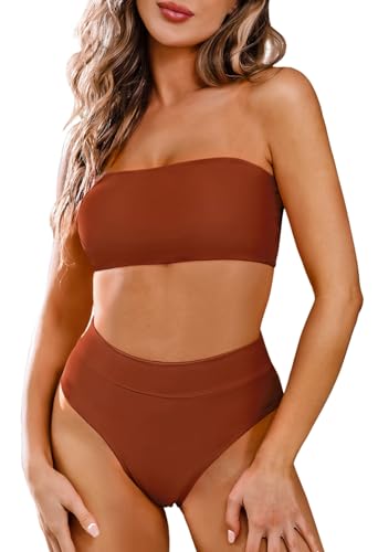 Pink Queen Damen Abnehmbare Träger Bikini Set Zweiteilig High Taille Bandeau Top Push Up Padded Gebranntes Orange L von Pink Queen