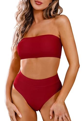 Pink Queen Damen Abnehmbare Träger Bikini Set Zweiteilig Wrap High Taille Bandeau Push Up Padded Badeanzug Rosenrot 3XL von Pink Queen