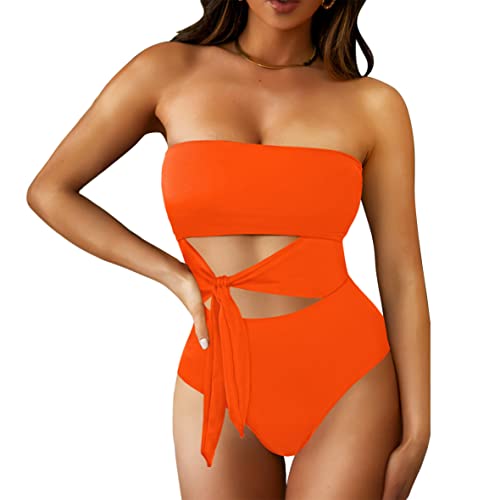 Pink Queen Damen Bandeau One Piece Badeanzug High Cut Bauchweg Abnehmbare Riemen Tie Waist Monokini Bademode Orange M von Pink Queen