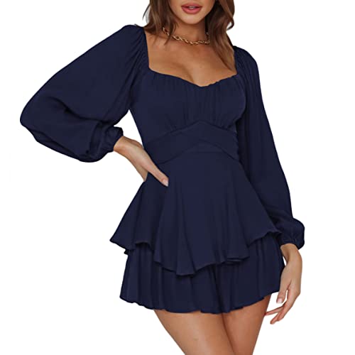Pink Queen Damen Boho Jumpsuit Laterne Langarm Rüschenschicht Fliege Rücken Taille Mini Kleid Kurzer Strampler Marineblau M von Pink Queen