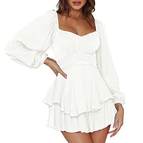 Pink Queen Damen Boho Jumpsuit Laterne Langarm Rüschenschicht Fliege Rücken Taille Mini Kleid Kurzer Strampler Weiß L von Pink Queen