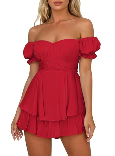 Pink Queen Damen Boho Kleid Strampler Sommer Kurz Schulterfreier Jumpsuit Off Shoulder Rüschen Chiffon Playsuit Rot S von Pink Queen