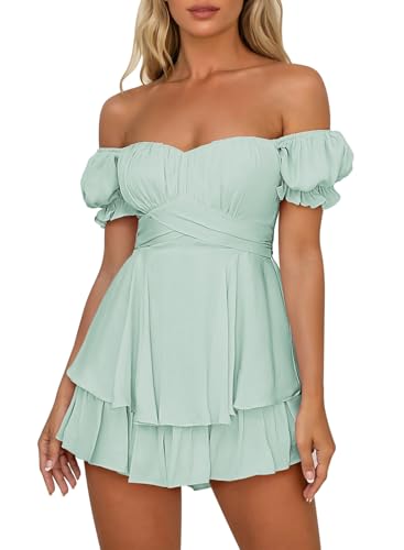 Pink Queen Damen Boho Kleid Strampler Sommer Kurz Schulterfreier Jumpsuit Off Shoulder Rüschen Chiffon Playsuit Türkis S von Pink Queen