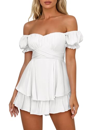 Pink Queen Damen Boho Kleid Strampler Sommer Kurz Schulterfreier Jumpsuit Off Shoulder Rüschen Chiffon Playsuit Weiß XL von Pink Queen