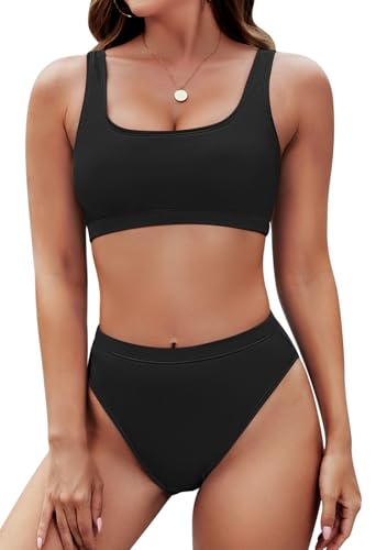 Pink Queen Damen Crop Top Bikini Set Frech 2-Teilig Hohe Taille High Cut Push Up Gepolstert Bademode Strand Schwarz 2XL von Pink Queen
