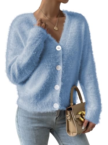 Pink Queen Damen Cropped Pullover Top Langarm V-Ausschnitt lockere Pelzige Strickjacke Offen Knopfleiste Kurz Himmelblau S von Pink Queen