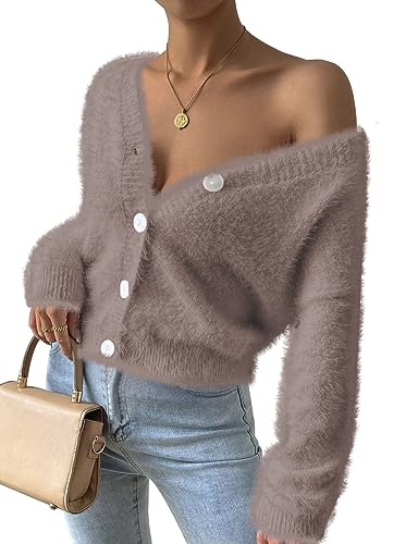 Pink Queen Damen Cropped Pullover Top Langarm V-Ausschnitt lockere Pelzige Strickjacke Offen Knopfleiste Kurz Kubanischer Sand XL von Pink Queen