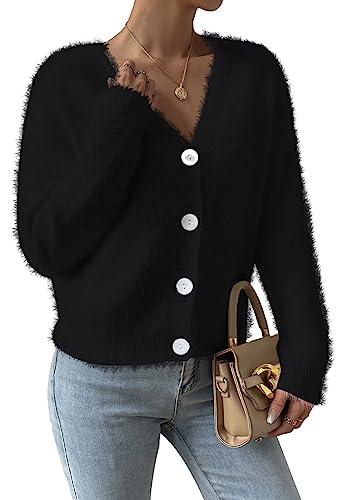 Pink Queen Damen Cropped Pullover Top Langarm V-Ausschnitt lockere Pelzige Strickjacke Offen Knopfleiste Kurz Schwarz S von Pink Queen