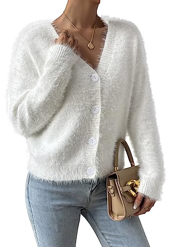 Pink Queen Damen Cropped Pullover Top Langarm V-Ausschnitt lockere Pelzige Strickjacke Offen Knopfleiste Kurz Weiß L von Pink Queen