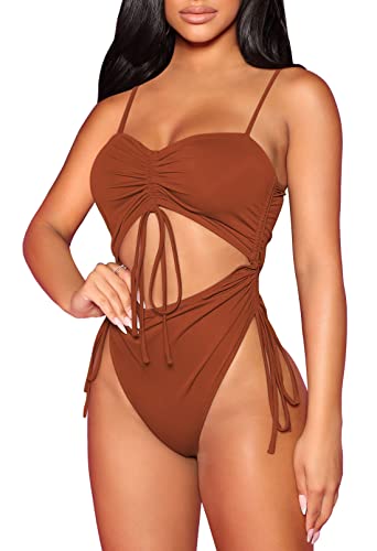 Pink Queen Damen Hoch Geschnitten Einteiliger Badeanzug Trägern Geraffter Frecher Shape Monokini Gebranntes Orange XL von Pink Queen