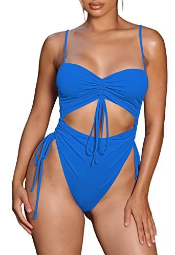 Pink Queen Damen Hoch Geschnitten Einteiliger Badeanzug Trägern Geraffter Frecher Shape Monokini Kordelzug Hellblau L von Pink Queen